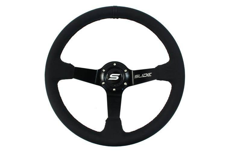 VOLANTE DESPLAZADO 90MM CUERO NEGRO FRANJA NEGRA
