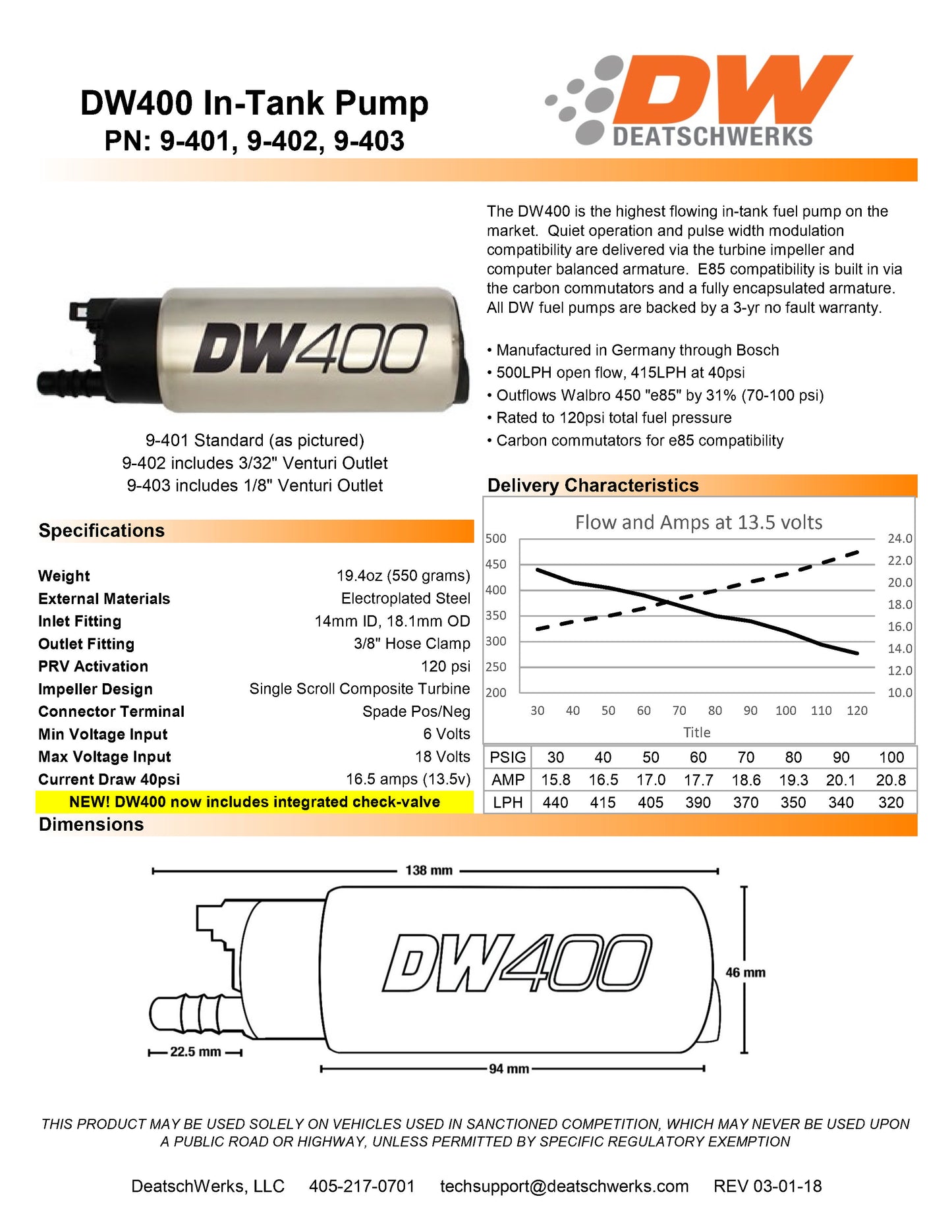 Bomba de Combustible DeatschWerks DW400 415 lph Para - Imagen 2