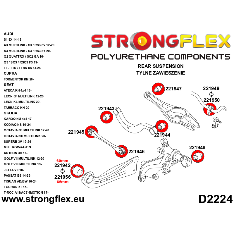 226228A: Kit Completo de Silentblocks Suspensión SPORT Audi Cupra Seat Skoda Volkswagen FWD