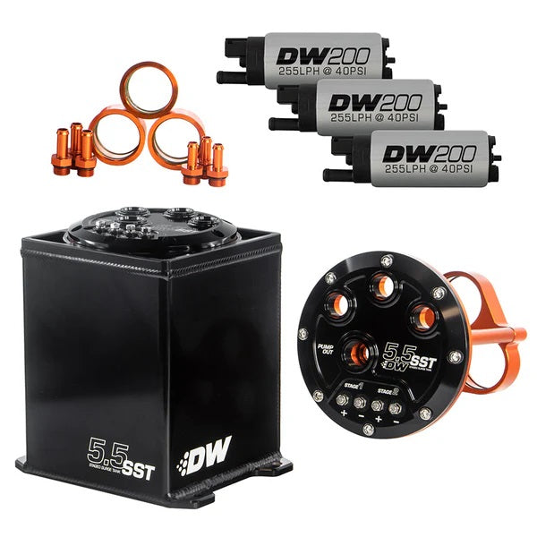 DeatschWerks Depósito Anti-Oleaje 5.5L con 3 Bombas DW200