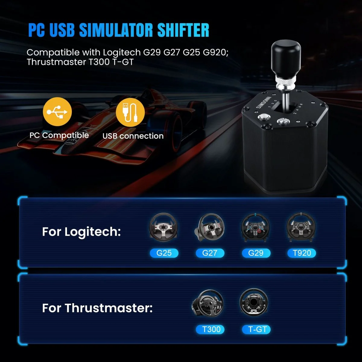 SIMSONN 6+R Palanca de Cambios en H PC USB Simracing - Imagen 3