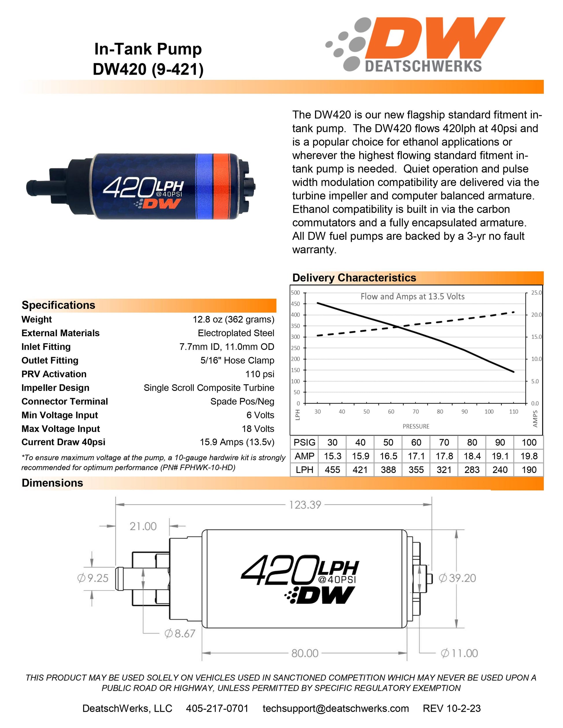 Bomba de Combustible DeatschWerks DW420 420 lph G35 03-08 350z 03-08 Legacy GT 10+ - Imagen 2