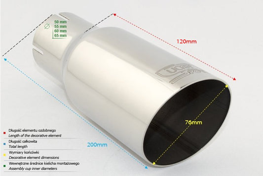 Cola de Escape Universal Redonda 76mm, Longitud 120mm, Montaje 60mm