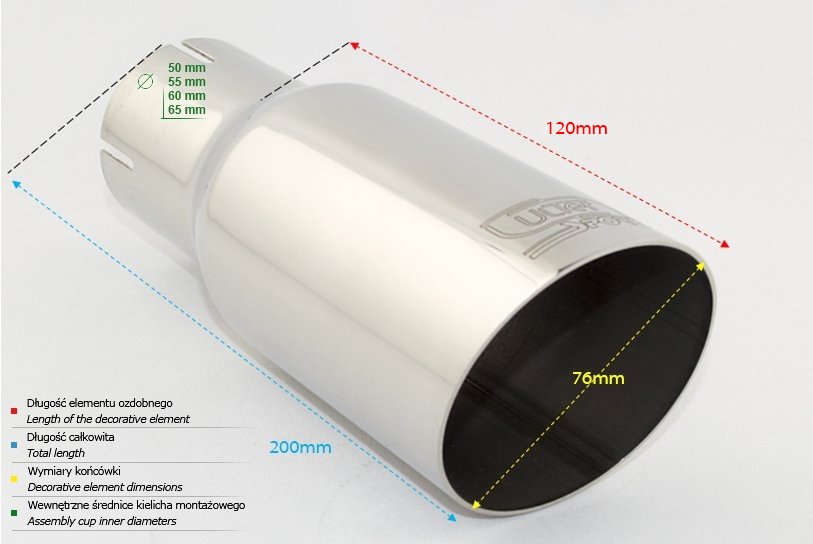 Cola de Escape Universal Redonda 76mm, Longitud 120mm