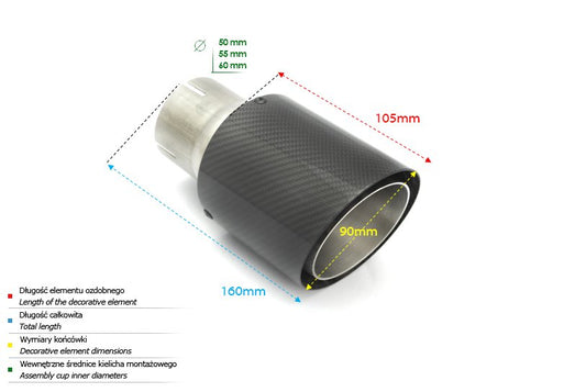 Cola de Escape Universal Redonda 90mm, Longitud 105mm, Diámetro Montaje 50mm