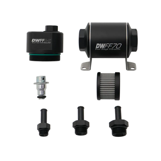 Regulador Filtro Combustible Billet DeatschWerks 70mm 10 Micras, Racores 3/8in