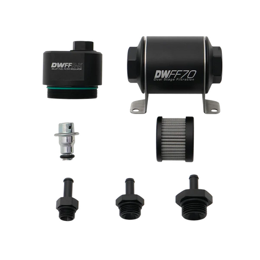 Regulador Filtro Combustible Billet 70mm 10 Micras Racores 5/16" DeatschWerks