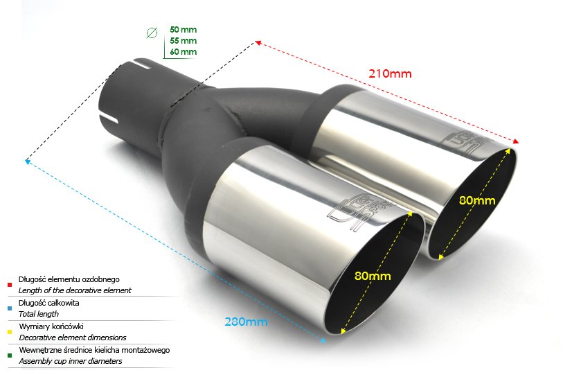 Cola de Escape Universal Redonda 80mm, Longitud 210mm, Montaje 65mm - Imagen 2