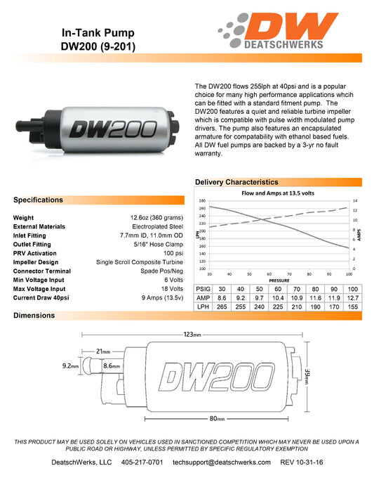 Bomba de Combustible DeatschWerks DW200 255 lph Nissan 240sx 89-94 y Q45 91-01