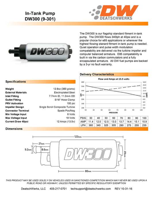 Bomba de Combustible DeatschWerks DW300 340 lph Honda Integra 94-01 Civic 92-00