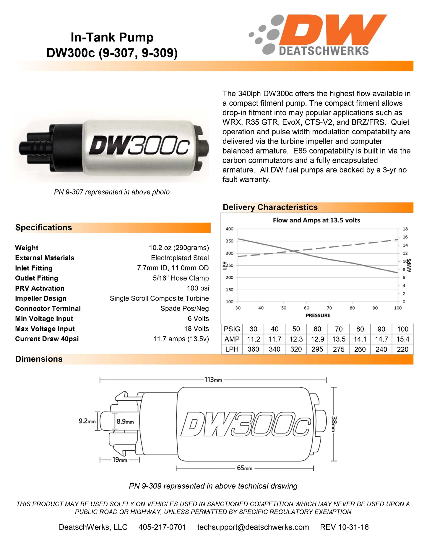 Bomba de Combustible DeatschWerks DW300C 340 lph Subaru WRX BRZ - Imagen 3