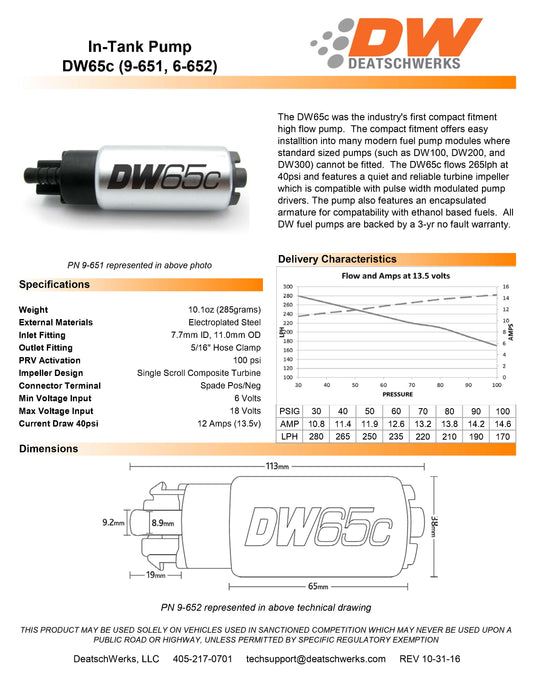 Bomba de Combustible DeatschWerks DW65C 265 lph Nissan R35 GTR 2009-2015