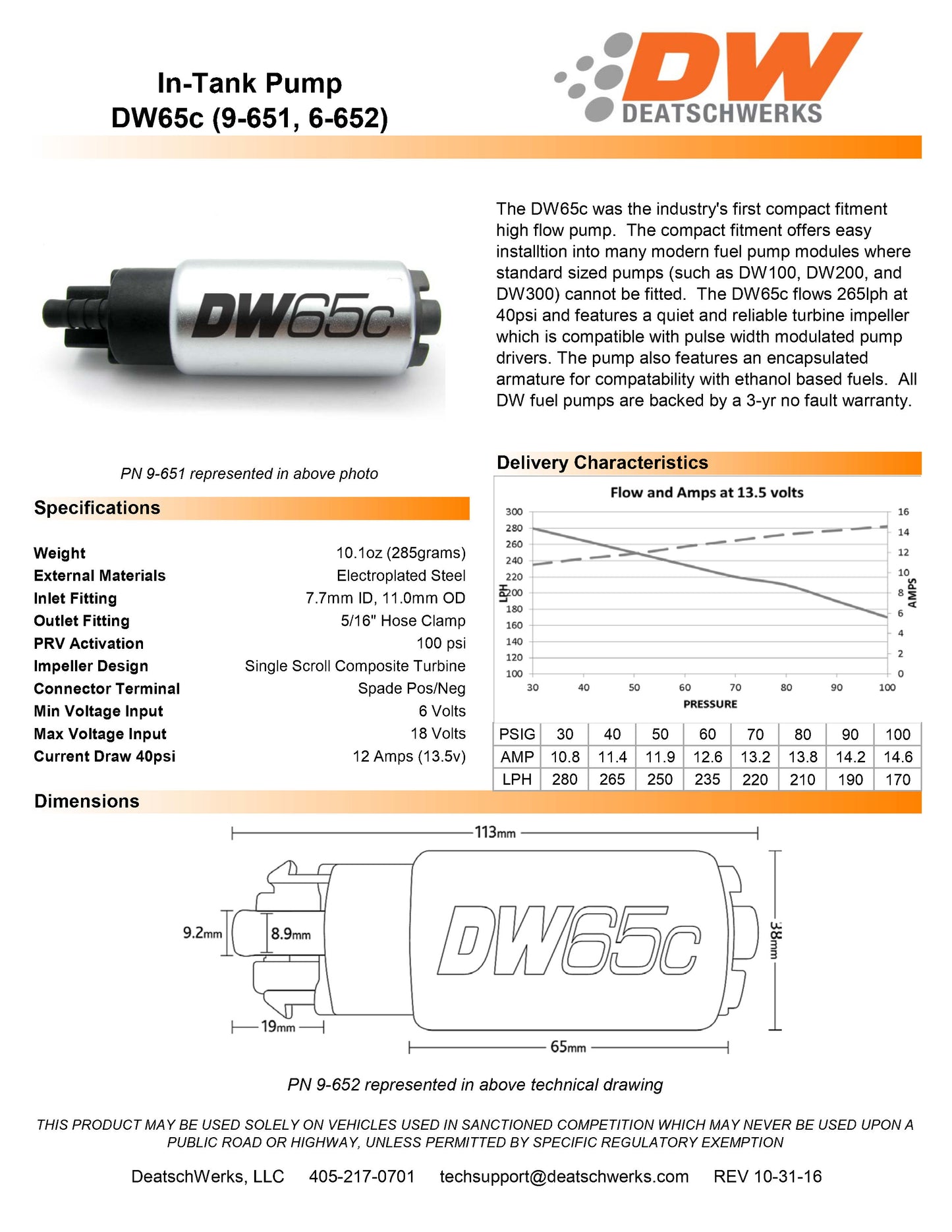Bomba de Combustible DeatschWerks DW65C 265 lph 9-652-1000 - Imagen 3
