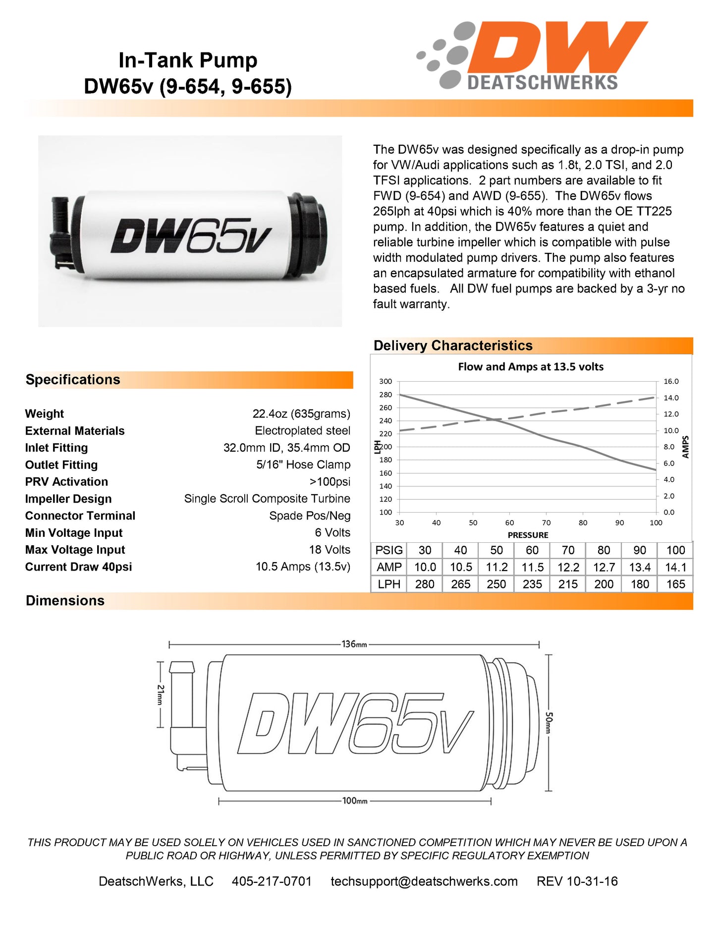 Bomba de Combustible DeatschWerks DW65v 265 lph para VW y Audi 1.8t 3.2 AWD - Imagen 2