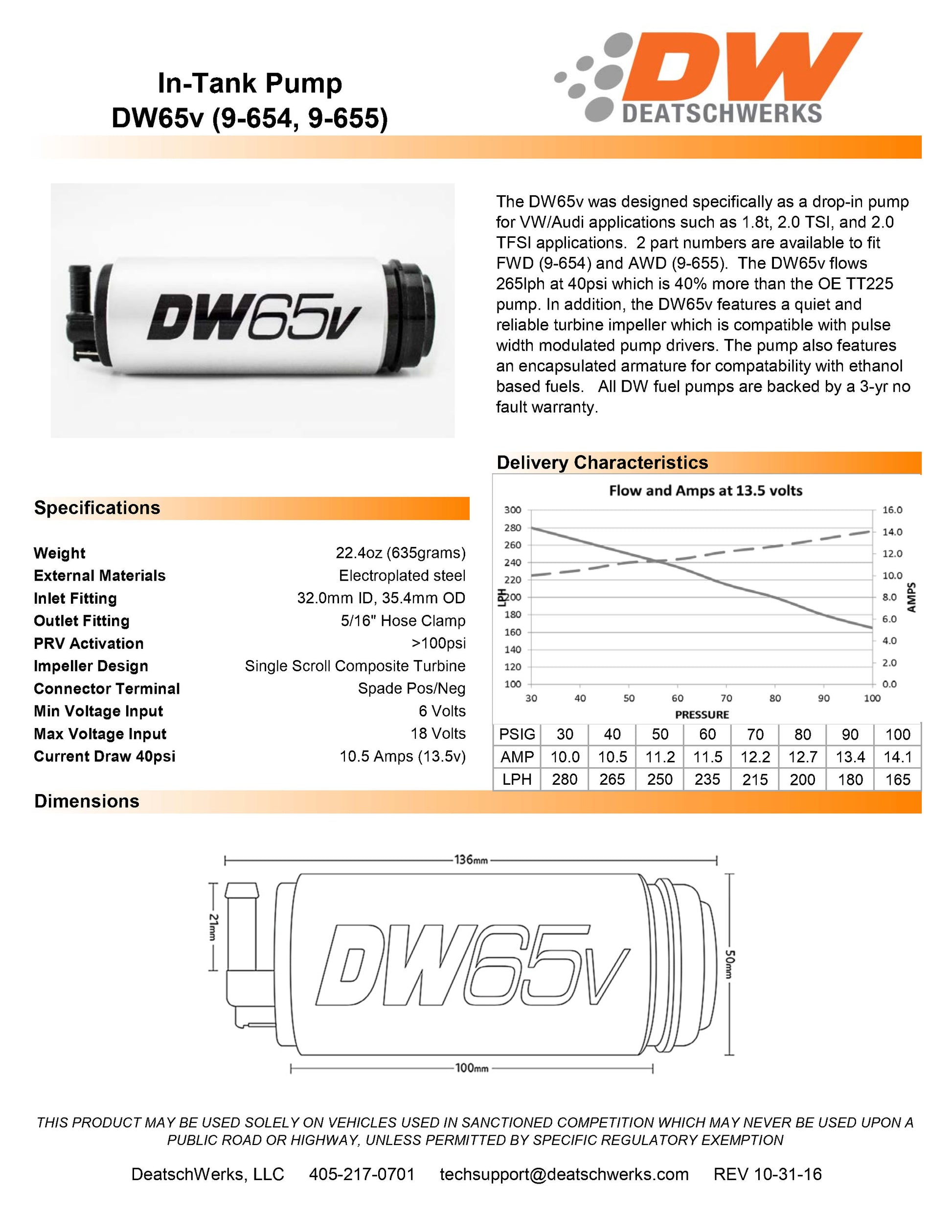 Bomba de Combustible DeatschWerks DW65v 265 lph para VW y Audi 1.8t FWD - Imagen 3