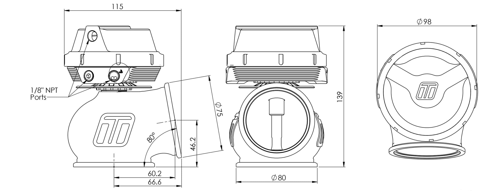 Válvula de Descarga Externa Turbosmart TS-0555-1011 WG60 GenV Powergate 60 14psi - Imagen 3