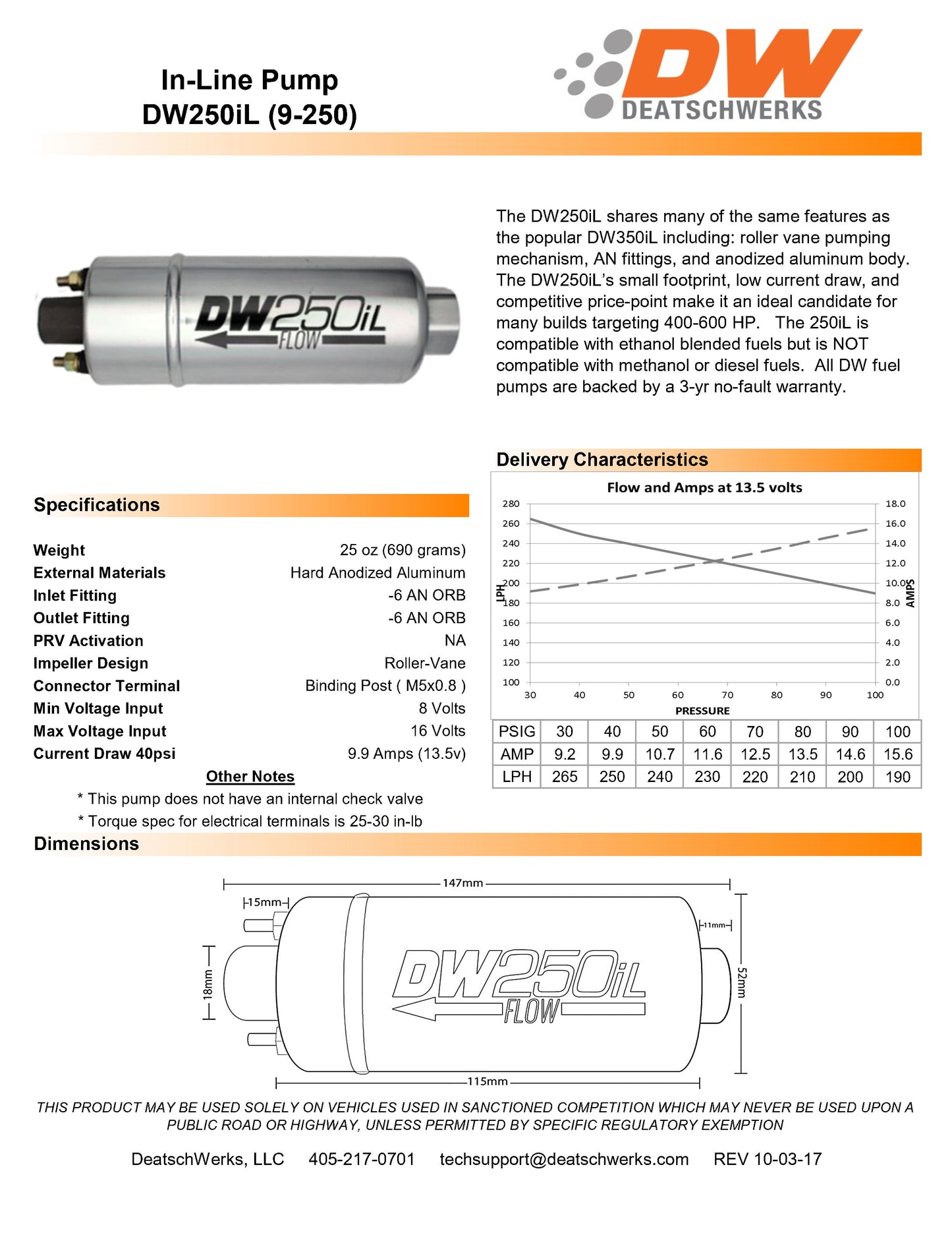Bomba de Combustible DeatschWerks DW250il 250 lph