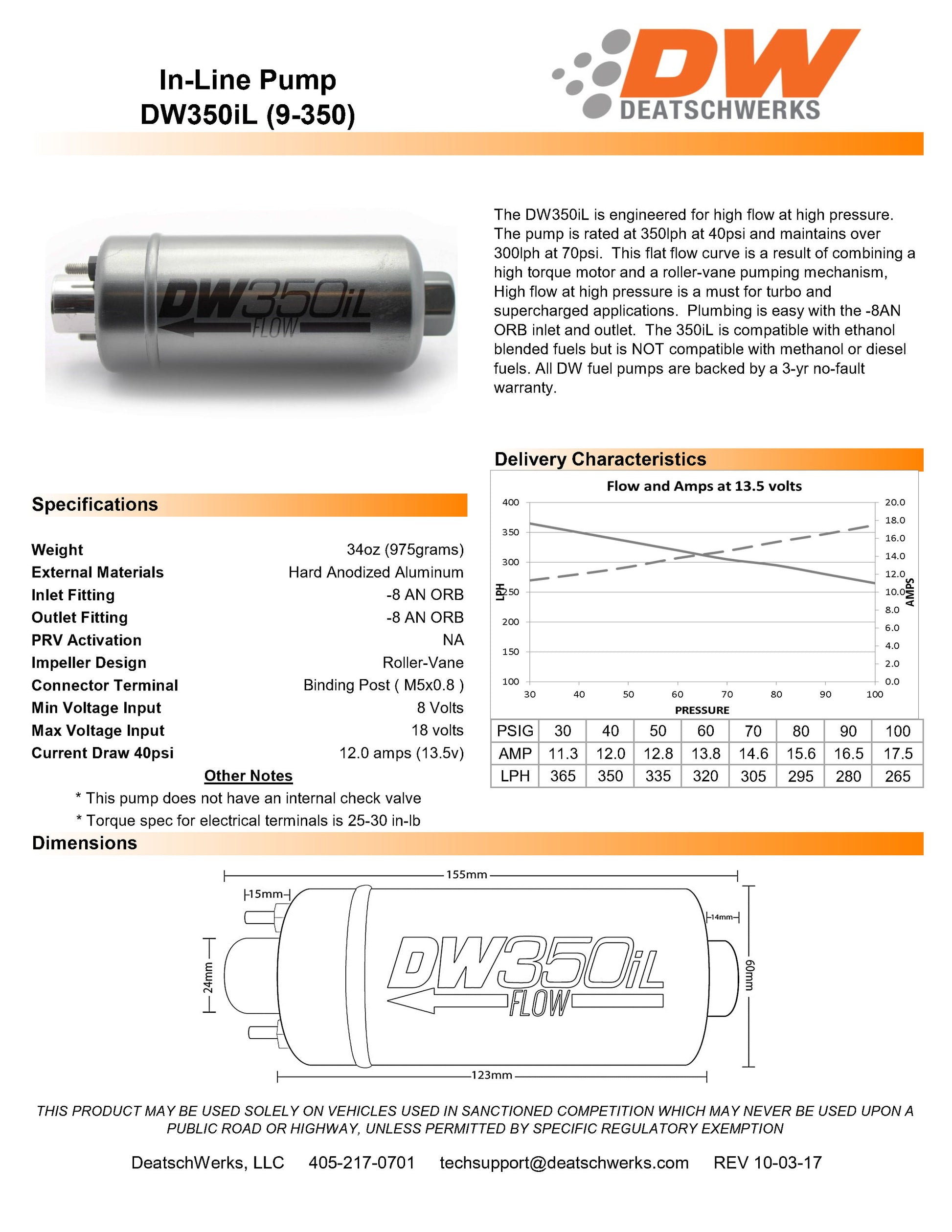 Bomba de Combustible DeatschWerks DW350il 350 lph Para - Imagen 2